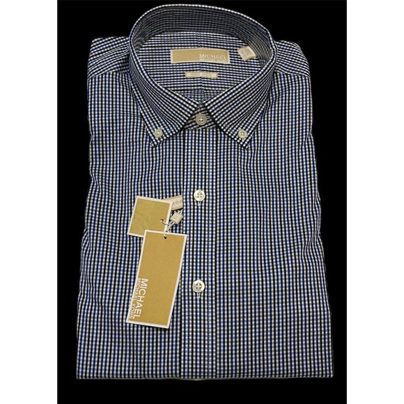 NWT Michael Kors Classic Fit Non Iron 15.5  34/35 Button Shirt Blue Check - Picture 1 of 7